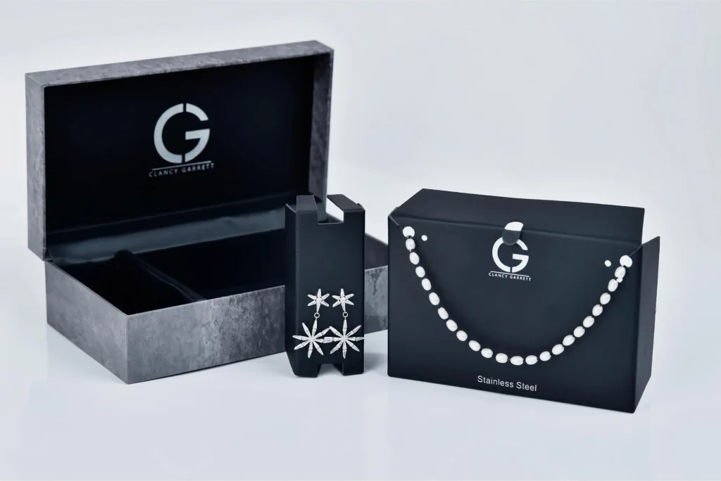 Dark luxury boxes with earrings and necklace