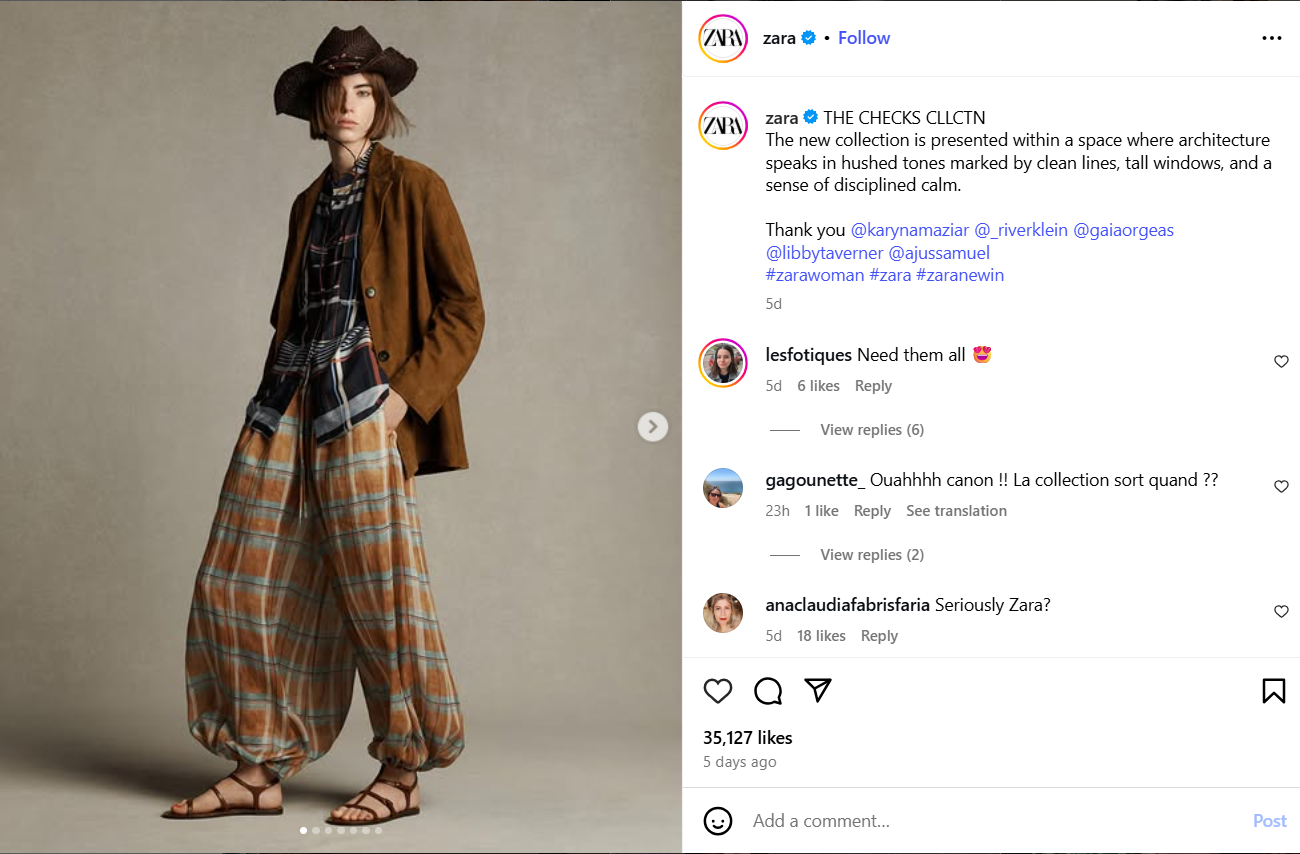Zara Instagram post