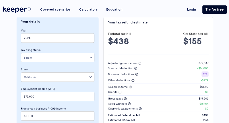 Keeper Tax Dashboard Tax Calculator