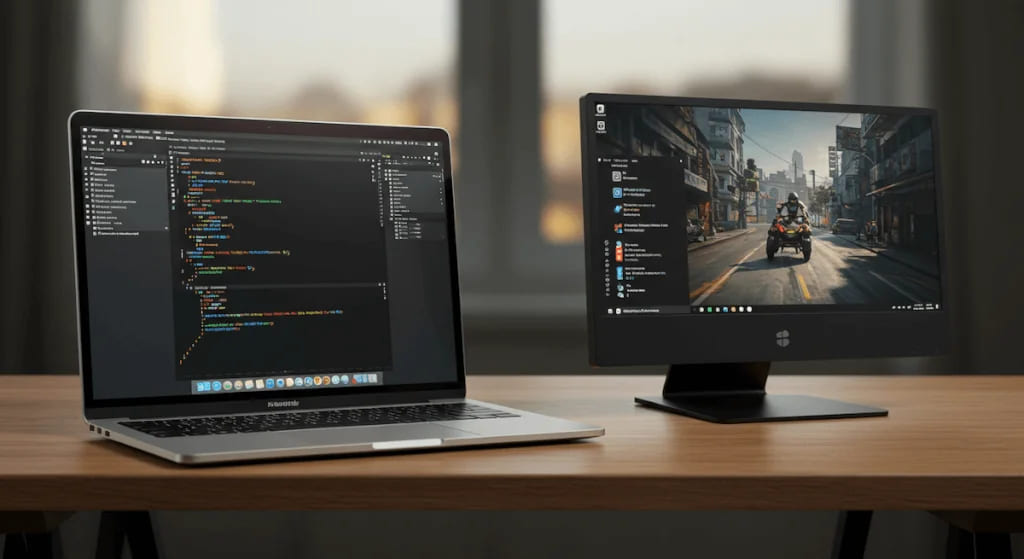 Mac Retina display beside a calibrated external PC monitor