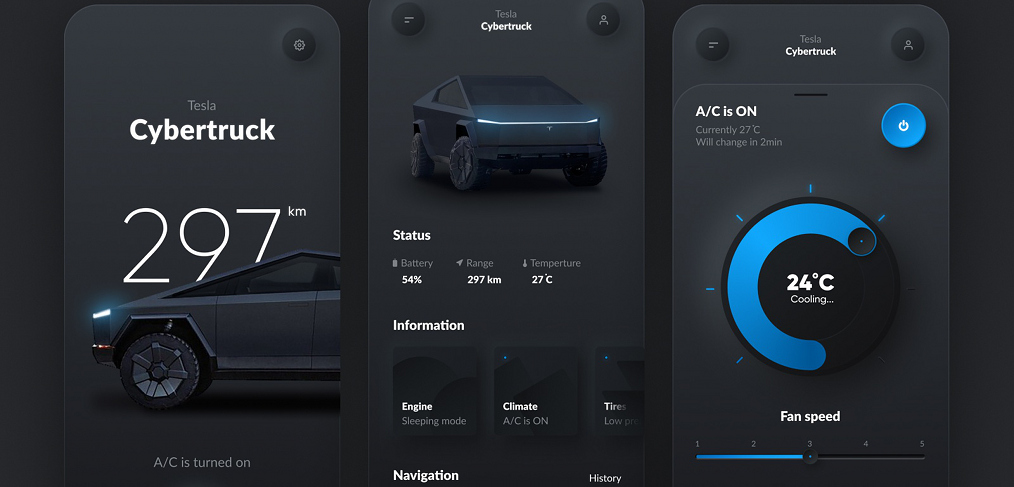 Tesla Smart App Neumorphism dark interface