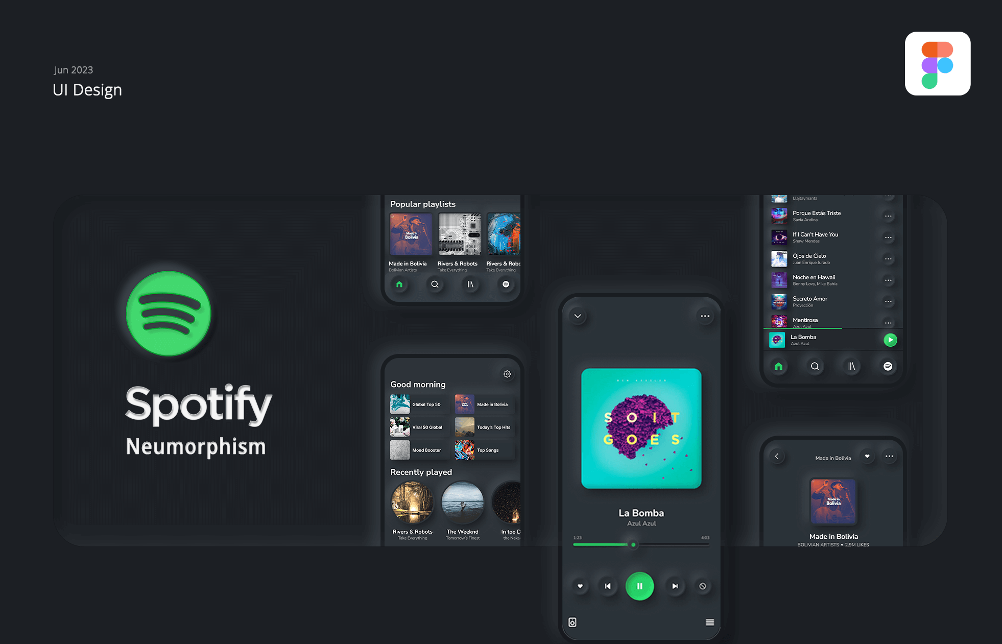 Spotify app redesign featuring neumorphism in dark mode