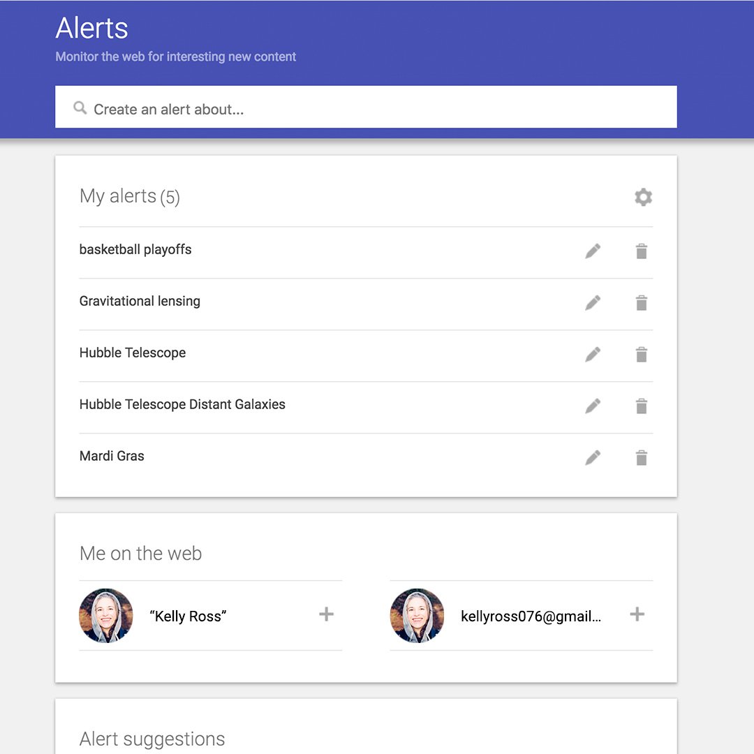 Google Alerts page with a few alerts and user accounts