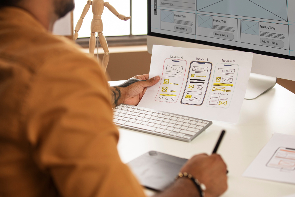 A man holding the wireframe of a phone app design