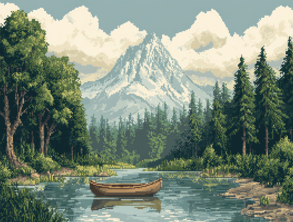 Digital artwork of a river, forest, and mountain landscape with a small boat
