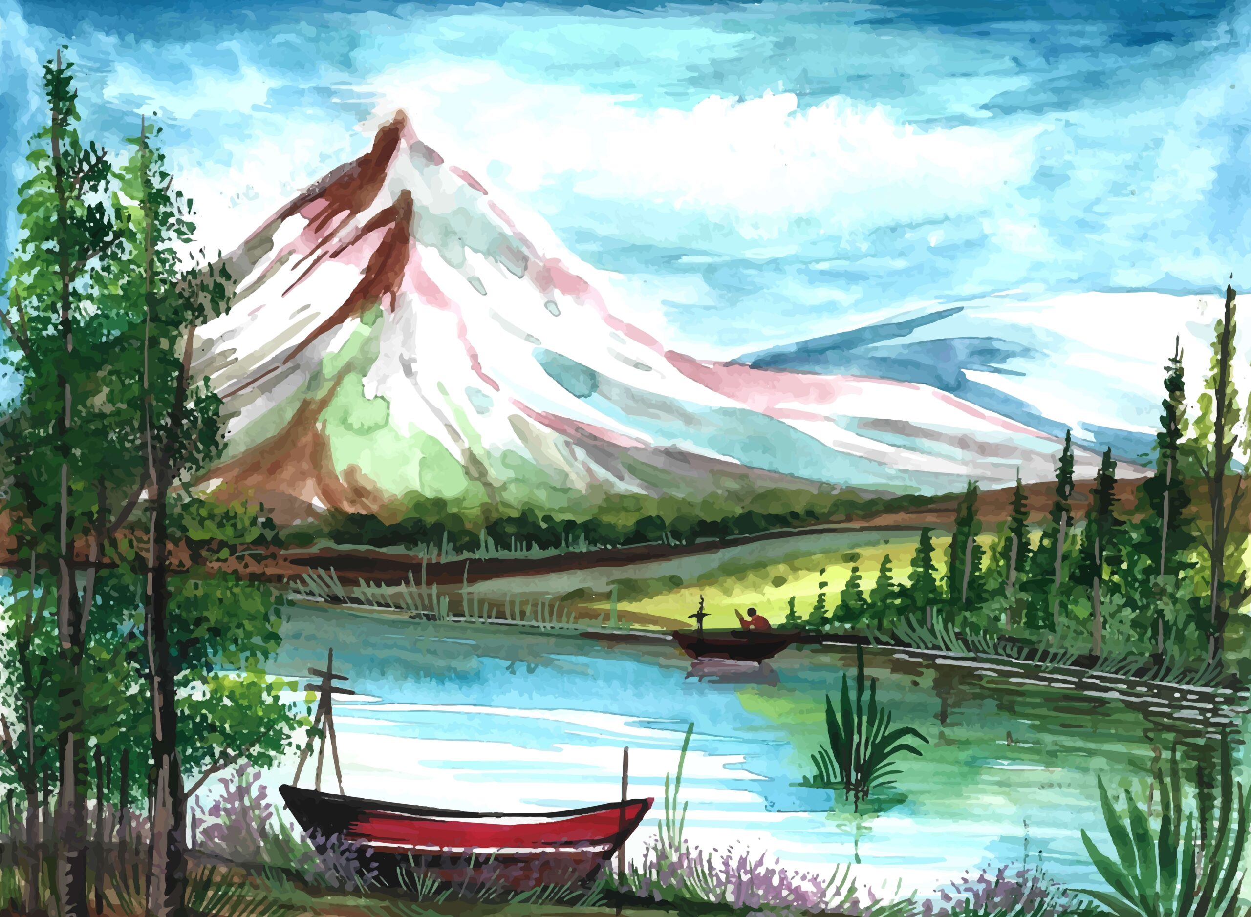 Traditional artwork of a mountain, river, and boats surrounded by trees
