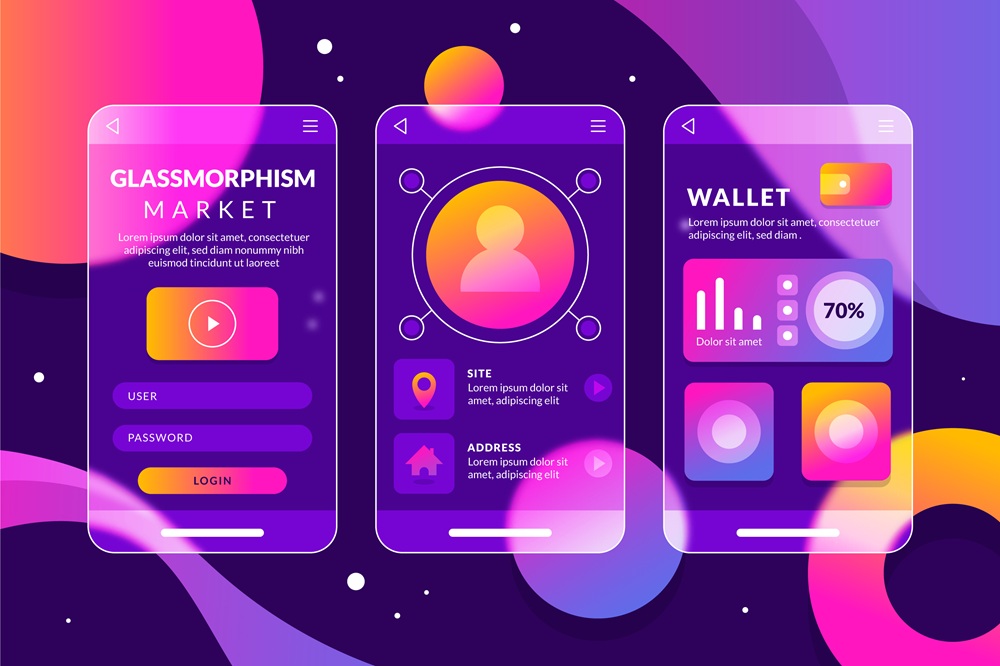 Mobile app screens feature a gradient background
