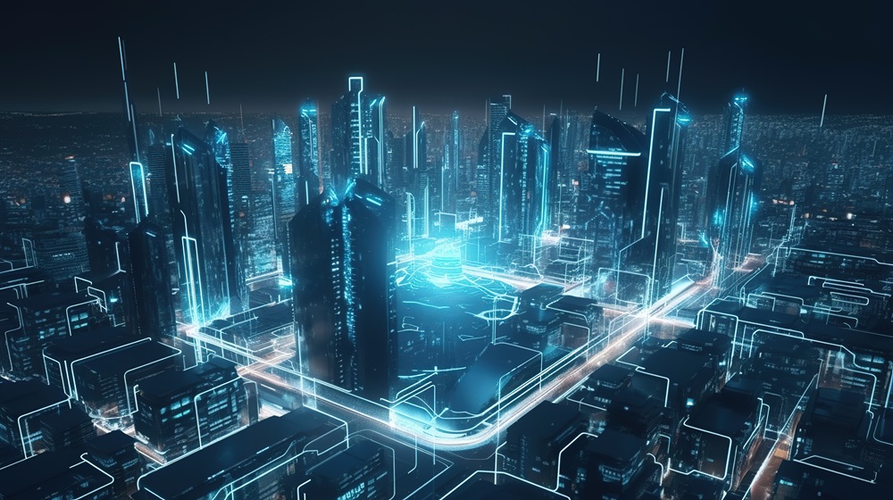 A digitally rendered futuristic cityscape representing kinetic design elements